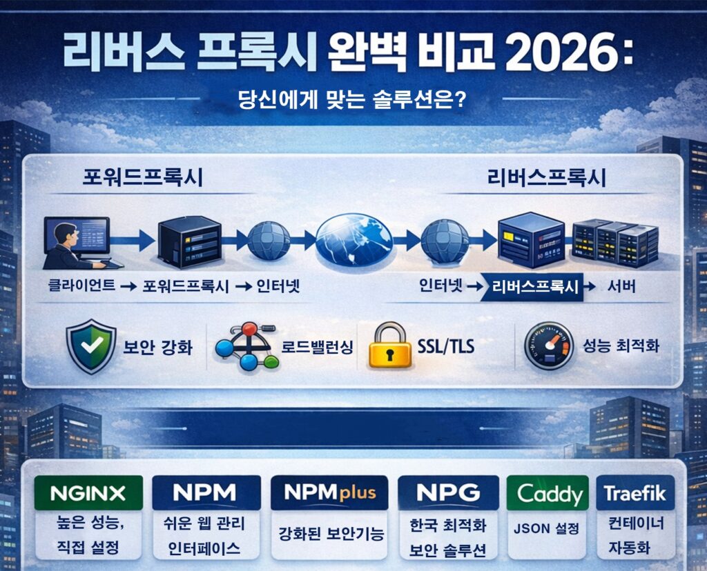 2026년 리버스 프록시 솔루션 비교 인포그래픽 – NGINX, NPM, NPMplus, NPG, Caddy, Traefik 특징 요약