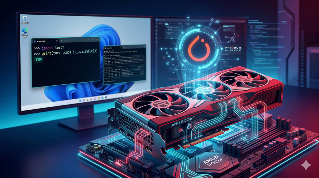 Gemini의 응답 A professional tech illustration featuring a modern AMD Radeon GPU with a red and black chassis and three cooling fans, seated on a motherboard. Glowing cyan and red circuit lines flow from the card, and a luminous blue holographic PyTorch logo floats above it. In the background, a dual-monitor setup displays a Windows interface with a dark terminal window showing the command "print(torch.cuda.is_available())" followed by "True" in bright green text. The scene is set against a dark blue to black gradient with "AMD ROCm" branding visible, styled with clean, cyberpunk-inspired neon lighting.