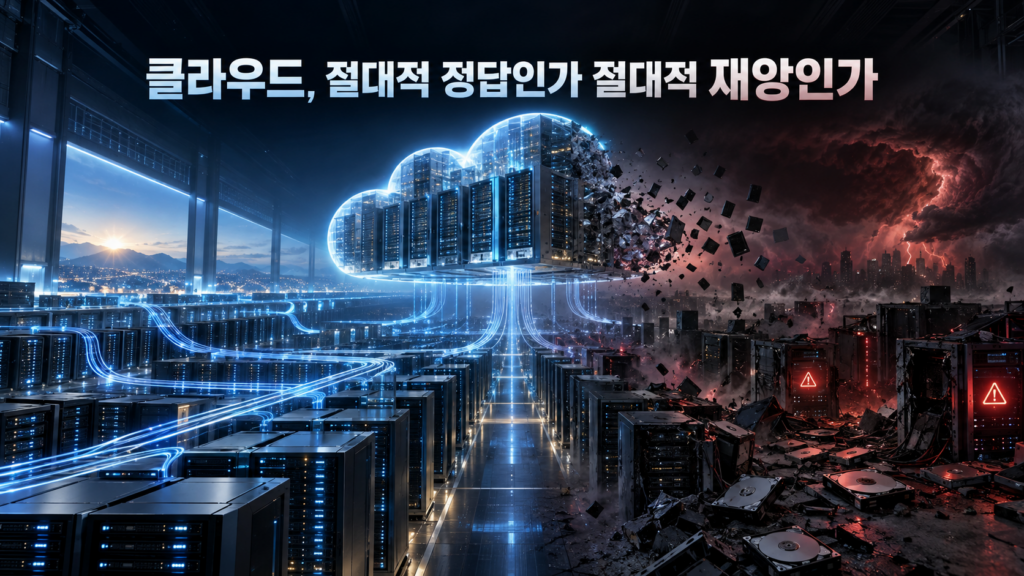 푸른빛의 안정적인 클라우드 데이터센터와 붉은빛 속에서 붕괴하는 서버 및 HDD가 대비된 이미지. 상단에는 ‘클라우드, 절대적 정답인가 절대적 재앙인가’라는 제목이 적혀 있다.